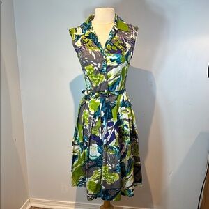 Samantha Sung sleeveless colorful belted green/blue midi dress size 8